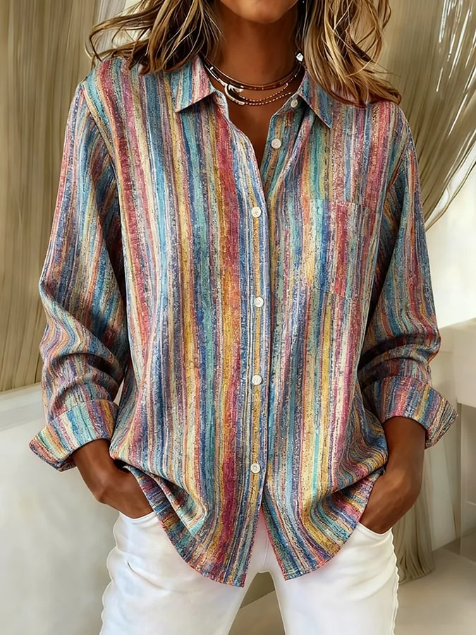 Women Striped Shirt Collar Long Sleeve Casual Daily Spring/Fall Shirt