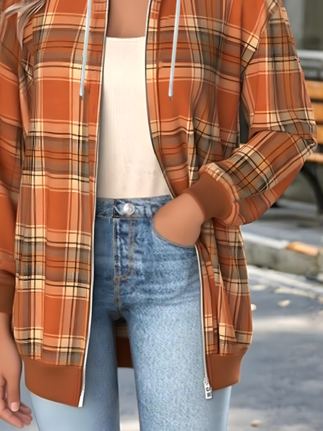 Women's Autumn Plaid Hooded Sweatshirt Jacket Regular Autumn and Winter Top