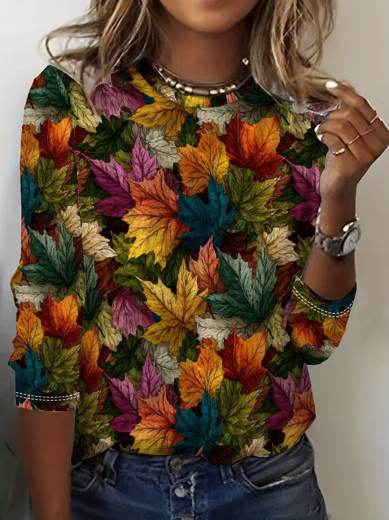 Women Maple Leaf Crew Neck Jersey Long Sleeve Casual Daily Spring/Fall T-shirt