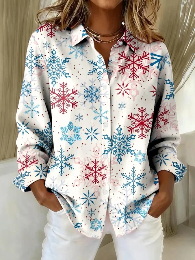 Women Christmas Shawl Collar Long Sleeve Vintage Holiday Spring/Fall Shirt
