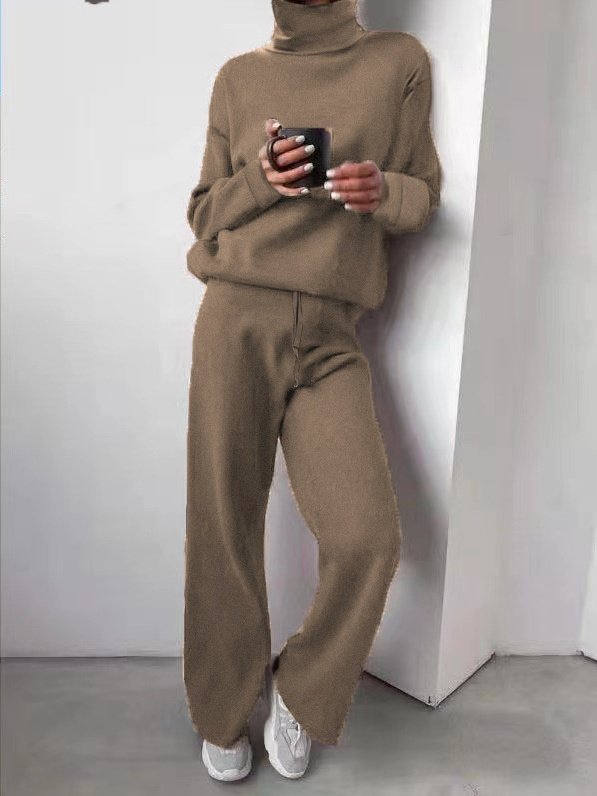 Women Plain Long Sleeve Top With Pants Casual Split Joint Spring/Fall Turtleneck Two-Piece Set