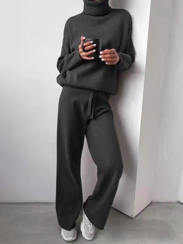 Women Plain Long Sleeve Top With Pants Casual Split Joint Spring/Fall Turtleneck Two-Piece Set