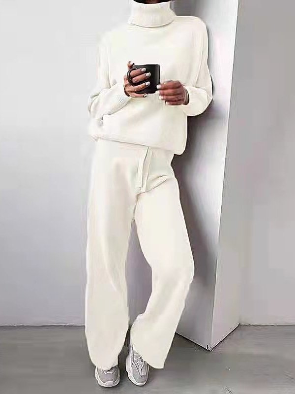 Women Plain Long Sleeve Top With Pants Casual Split Joint Spring/Fall Turtleneck Two-Piece Set