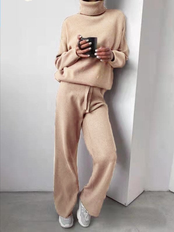 Women Plain Long Sleeve Top With Pants Casual Split Joint Spring/Fall Turtleneck Two-Piece Set