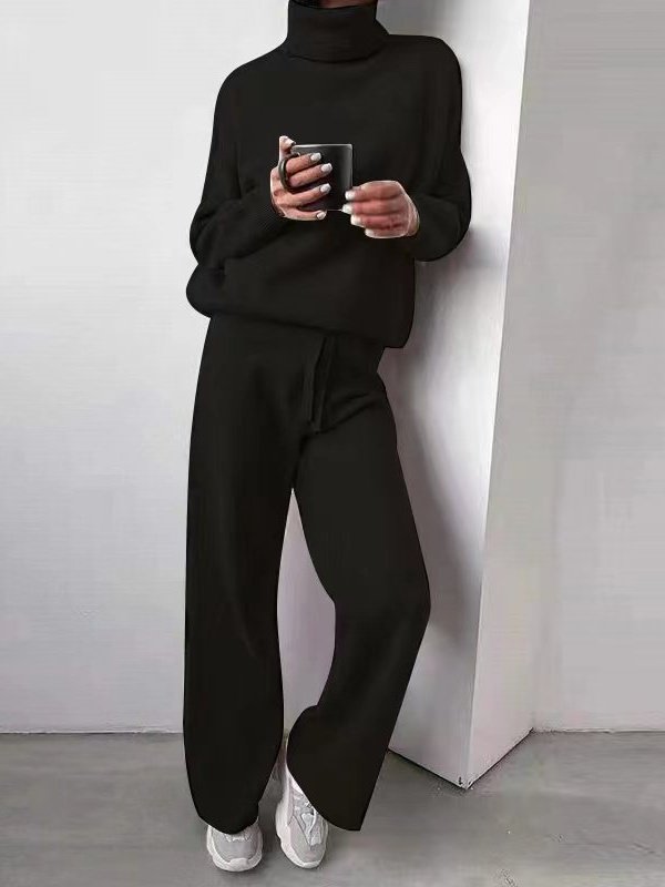 Women Plain Long Sleeve Top With Pants Casual Split Joint Spring/Fall Turtleneck Two-Piece Set