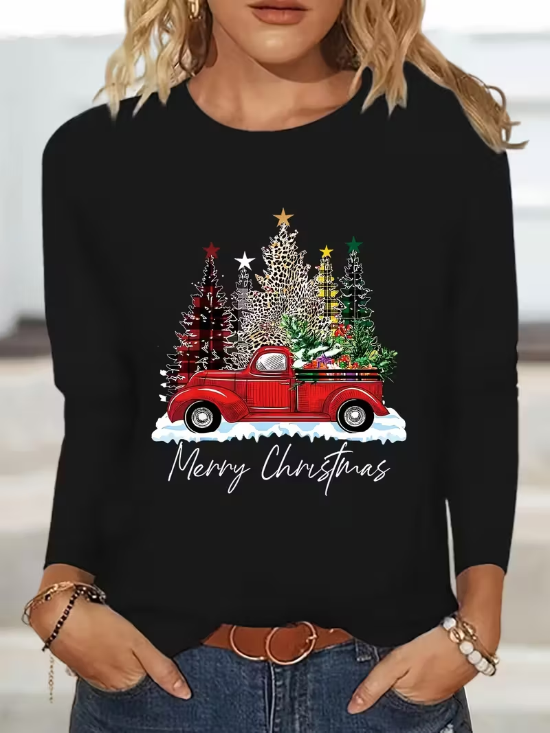 Women Christmas Crew Neck Jersey Long Sleeve Casual Daily Spring/Fall T-shirt