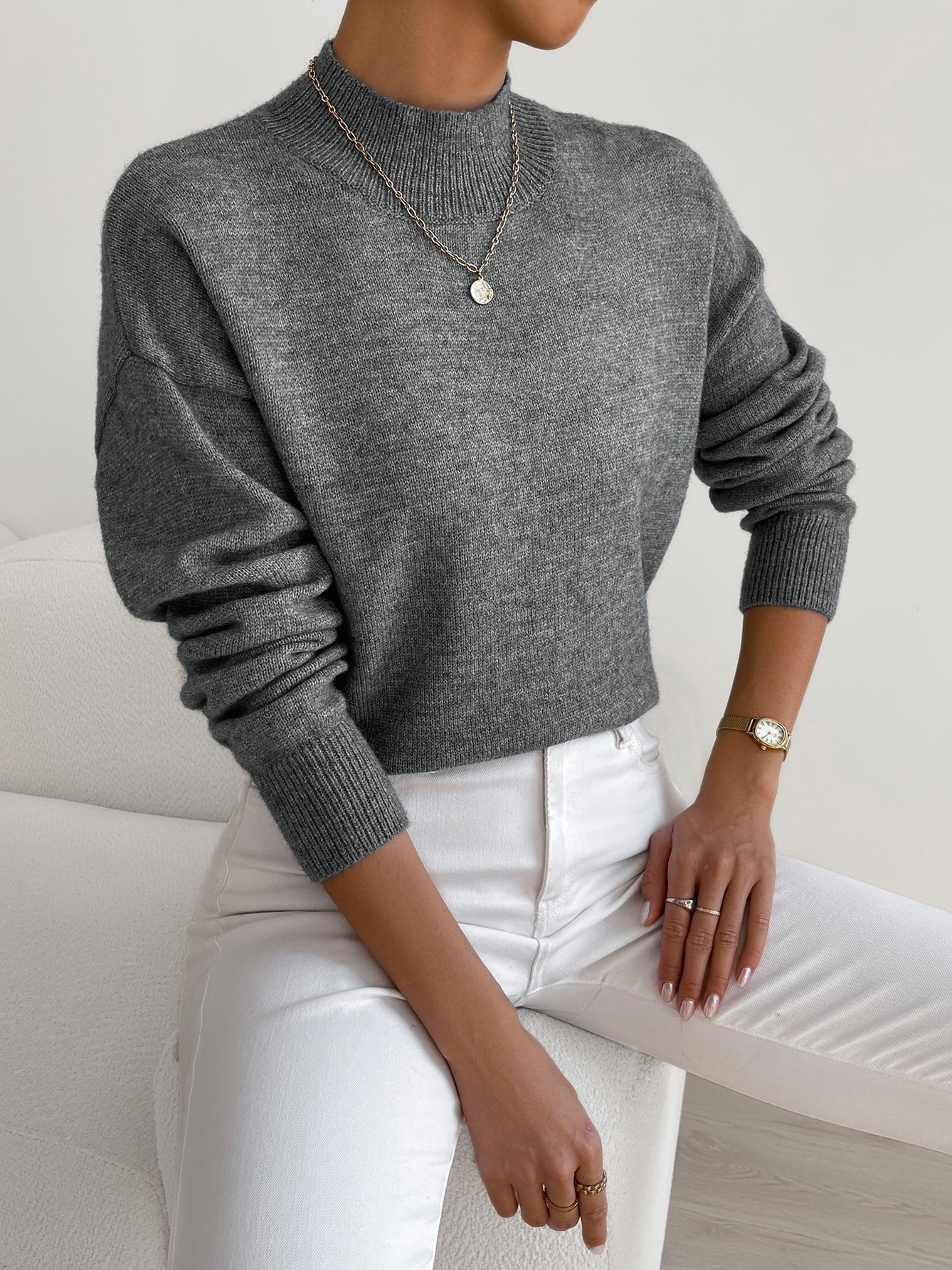 Women Plain Mock Neck Long Sleeve Street Daily Winter Sweater