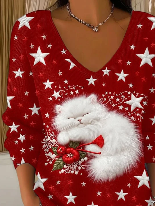 Women Star V Neck Long Sleeve Casual Daily Spring/Fall T-shirt