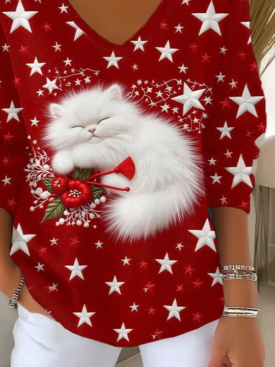 Women Star V Neck Long Sleeve Casual Daily Spring/Fall T-shirt