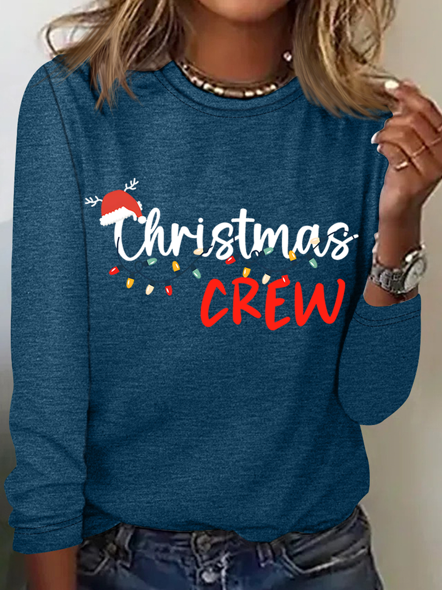 Women Christmas Crew Neck Cotton Long Sleeve Casual Daily Spring/Fall T-shirt