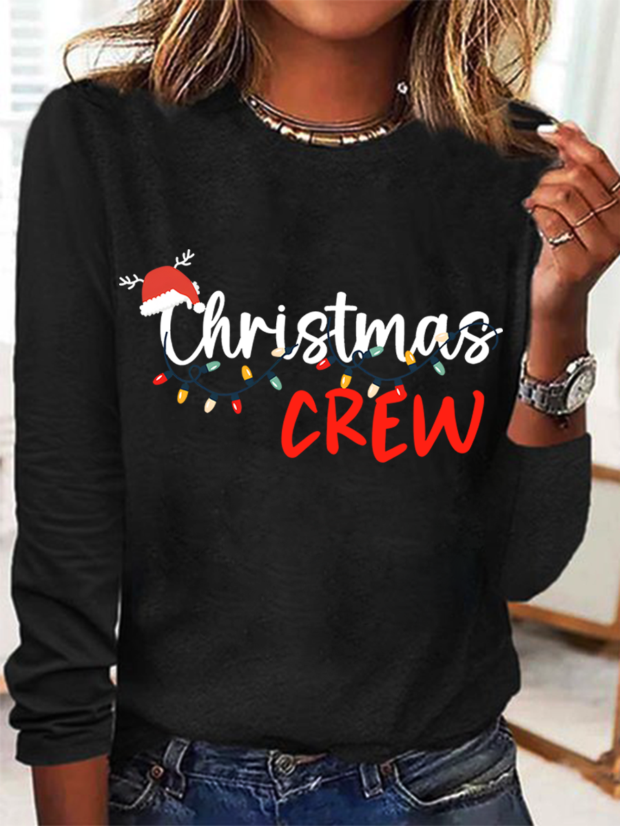 Women Christmas Crew Neck Cotton Long Sleeve Casual Daily Spring/Fall T-shirt