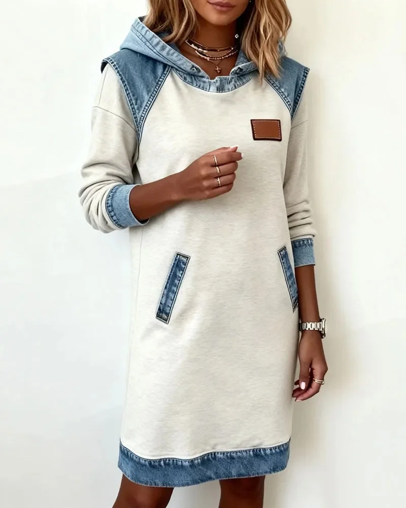 Women Multicolor Block Hoodie Casual All Season Daily Midi H-Line Sweashirt Dress