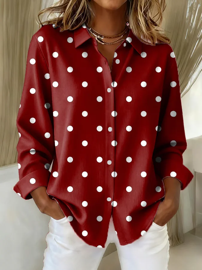 Women Polka Dots Shirt Collar Long Sleeve Casual Daily Spring/Fall Shirt