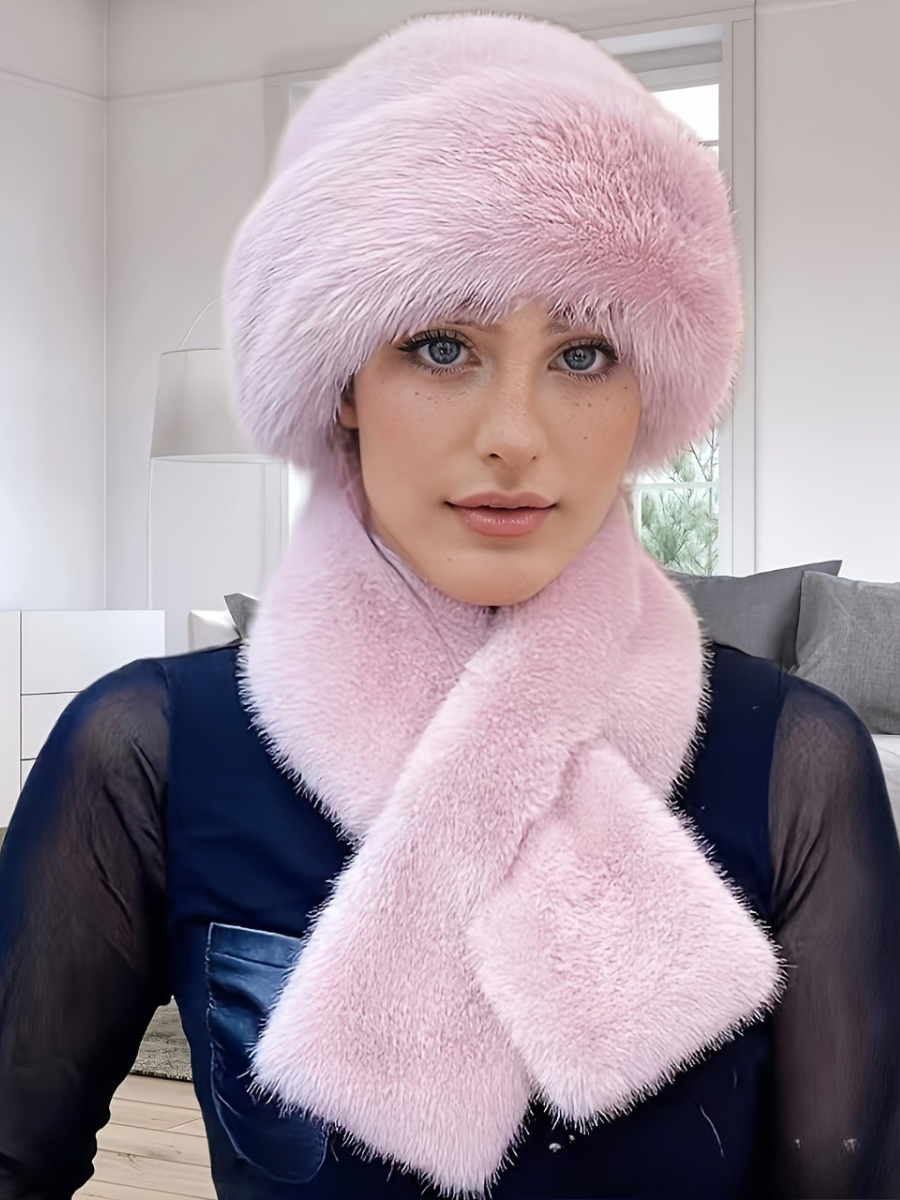 Winter Mongolian Hat, Plush Hat And Scarf For Women Thickened Warm Stylish Ear-covering Hat Faux Mink Fur 2-piece Set