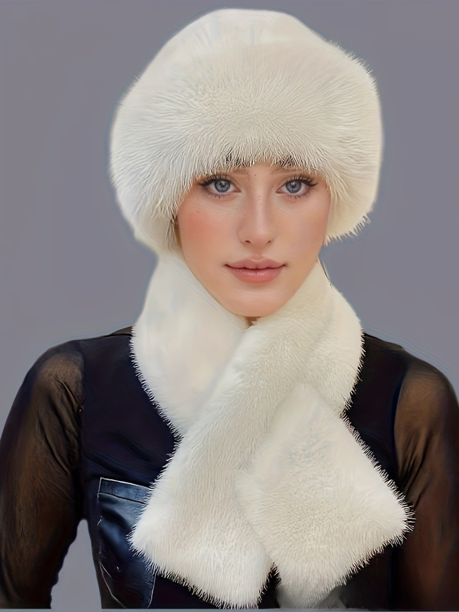 Winter Mongolian Hat, Plush Hat And Scarf For Women Thickened Warm Stylish Ear-covering Hat Faux Mink Fur 2-piece Set
