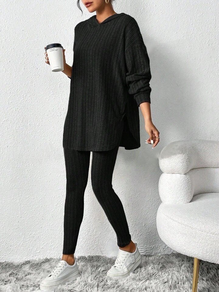 Women Plain Long Sleeve Top With Pants Casual Embossed Spring/Fall Hoodie Two-Piece Set