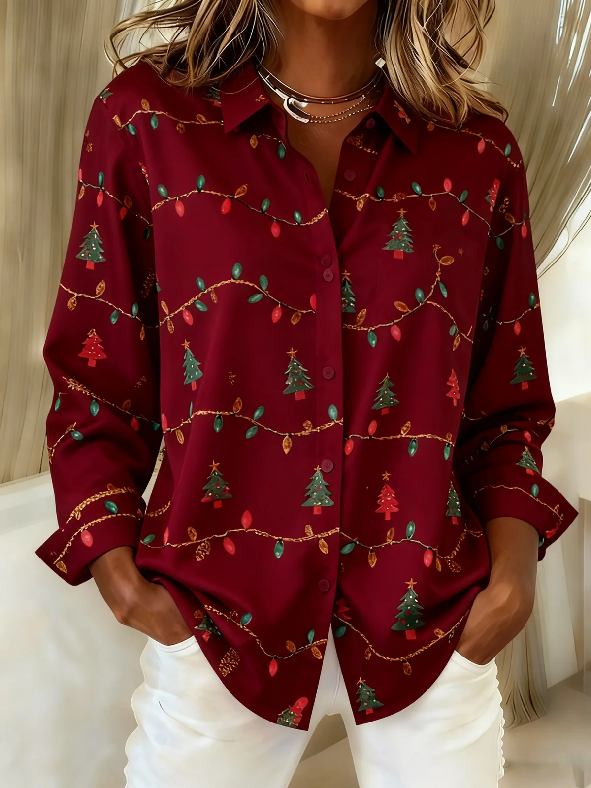 Women Christmas Shawl Collar Long Sleeve Vintage Holiday Spring/Fall Shirt