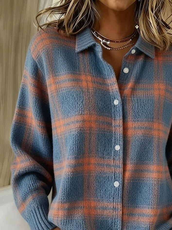 Women Plaid Shawl Collar Long Sleeve Vintage Daily Spring/Fall Cardigan
