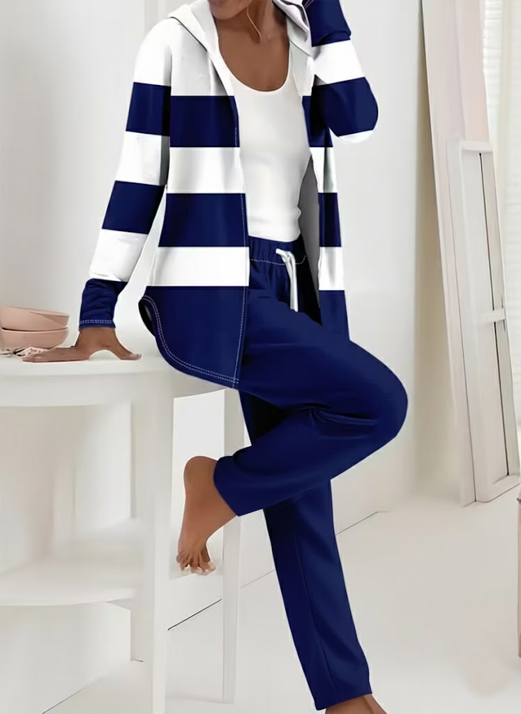 Women Striped Long Sleeve Coat With Pants Casual Printing Spring/Fall Hoodie Two-Piece Set