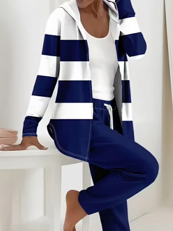 Women Striped Long Sleeve Coat With Pants Casual Printing Spring/Fall Hoodie Two-Piece Set