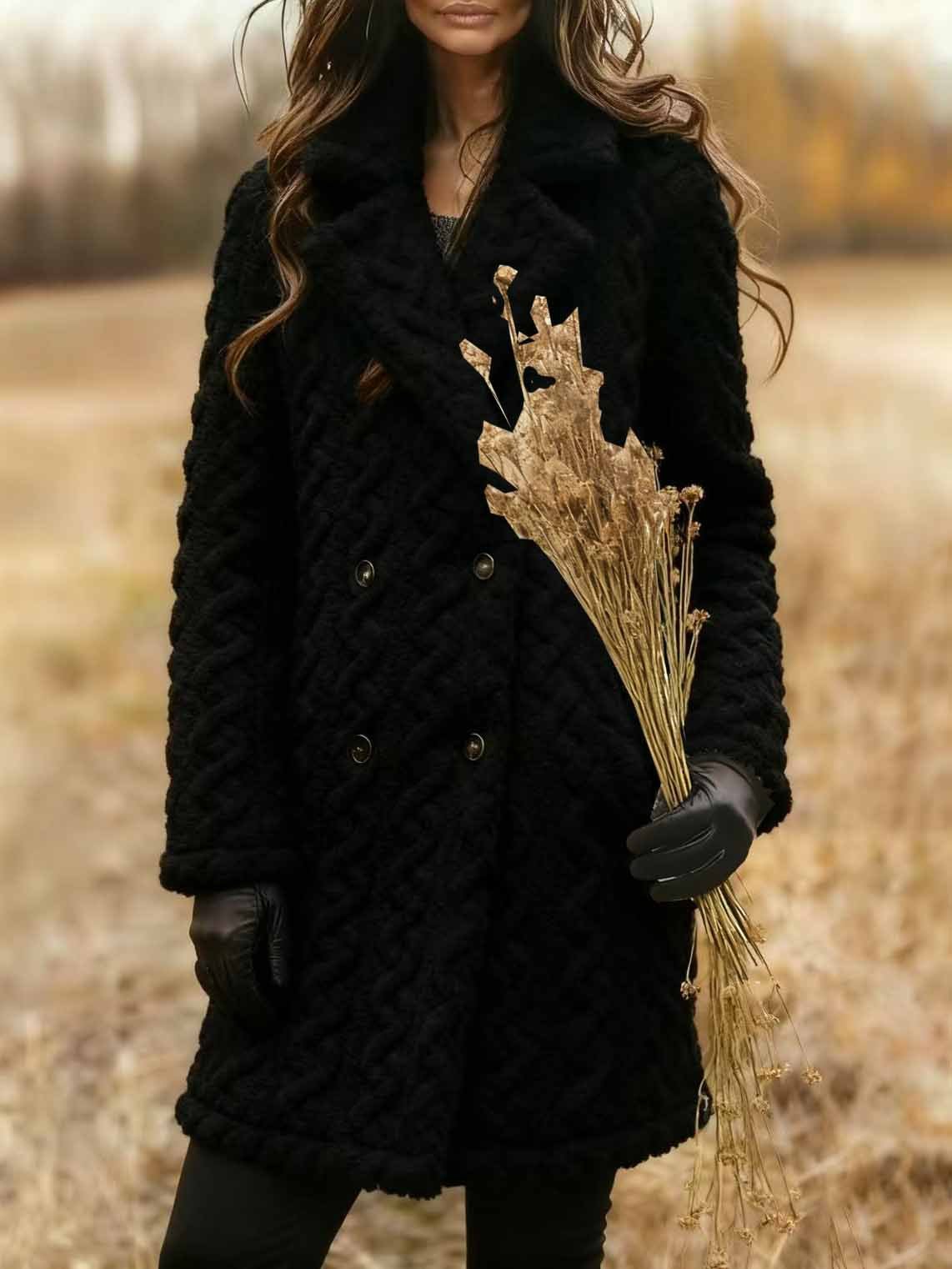 Women Plain Shawl Collar Flannel Jacket Long Sleeve Casual Jacquard Winter Daily Coat Outerwear