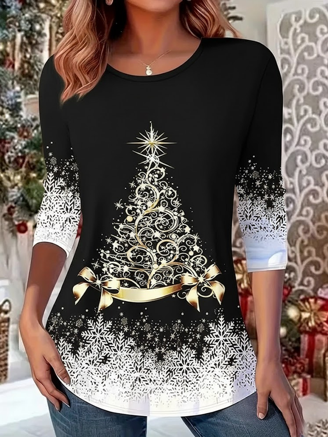 Women Christmas Crew Neck Jersey Long Sleeve Casual Daily Spring/Fall T-shirt