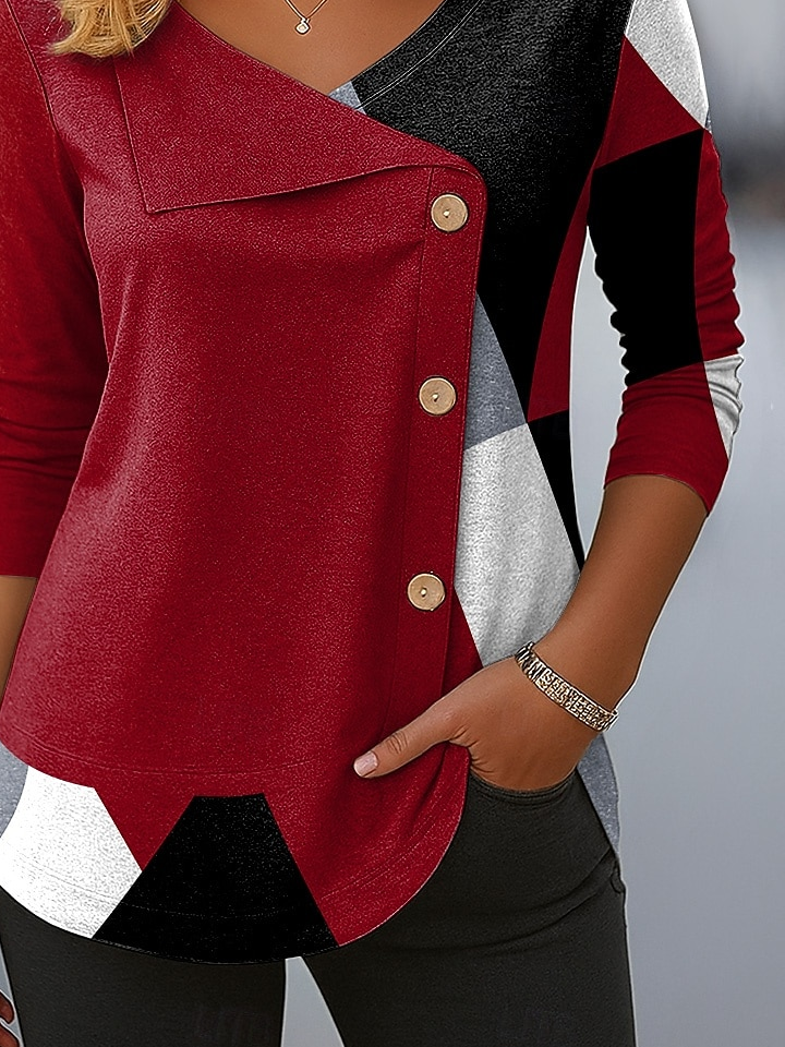 Women Abstract V Neck Long Sleeve Casual Daily Spring/Fall T-shirt