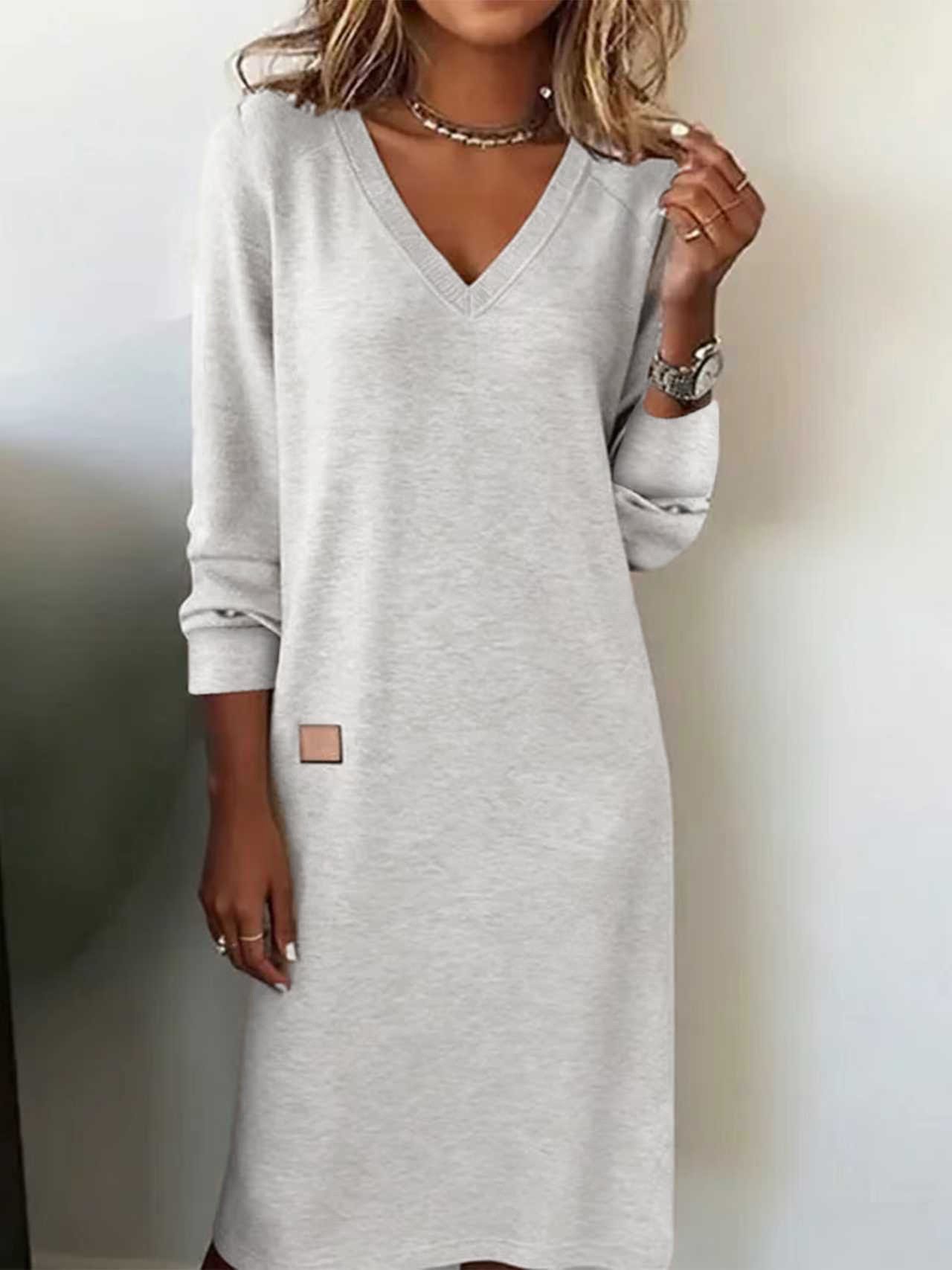 Women Plain V Neck Split Joint T-Shirt Dress Casual Spring/Fall Daily Maxi A-Line Dress