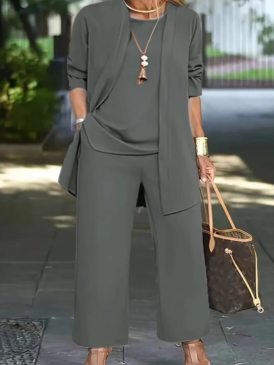 Women Plain Long Sleeve Multi-Piece Set Casual Split Joint Spring/Fall Crew Neck Matching Outfit