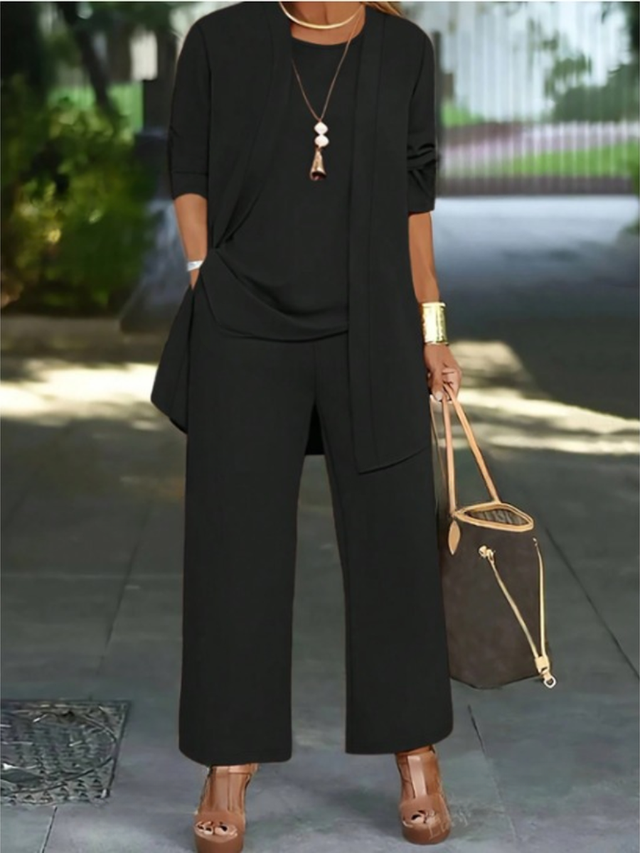 Women Plain Long Sleeve Multi-Piece Set Casual Split Joint Spring/Fall Crew Neck Matching Outfit