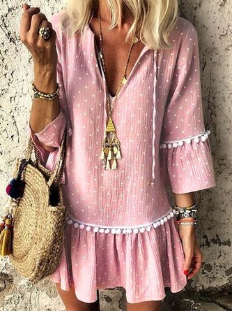 V neck lavender A-line Women Daily Basic 3/4 Sleeve Paneled Polka Dots Summer Dress