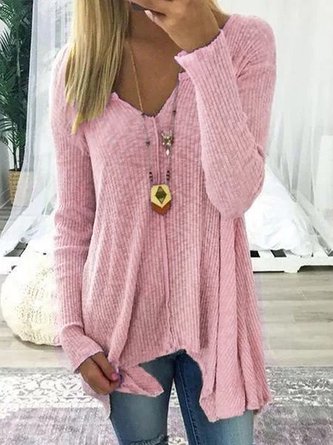 V neck Cotton Solid Casual Long Sleeve Tops
