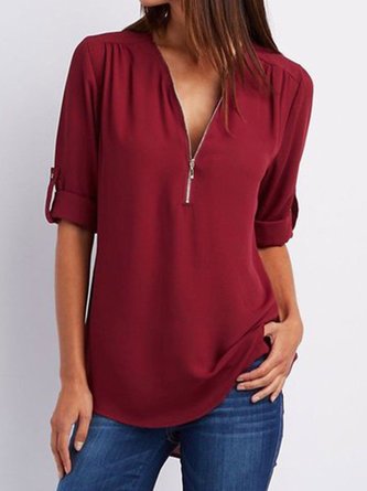 Chiffon Half Sleeve Zipper Solid V neck High Low Blouses & Shirt