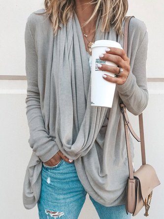 Spring Fall Cowl Neck Asymmetrical Solid Casual T-Shirts