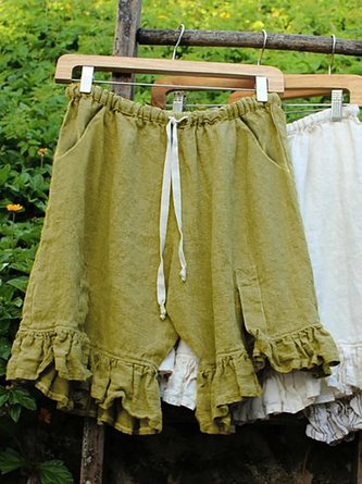 Women Folds Elastic Waistband Shorts Linen Shorts with Pockets