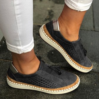 Fringe Tassels Slide Hollow-Out Round Toe Casual Women Sneakers