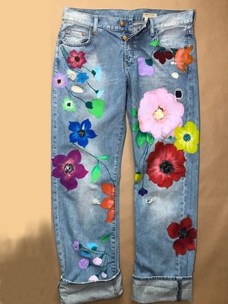 Denim Floral Casual Summer Mid-Weight Jeans Pants