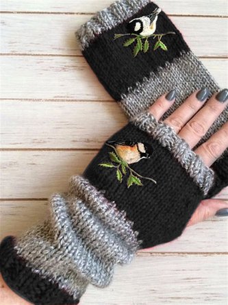 Autumn Winter Casual Basic Flora Knitted Bird Pattern Sweet Gloves