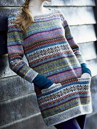 Women Pockets Color-Block Vintage Knitted Tunic Sweaters