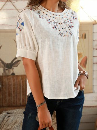 Off White Tribal Boho Embroidered Cotton Shirts & Tops