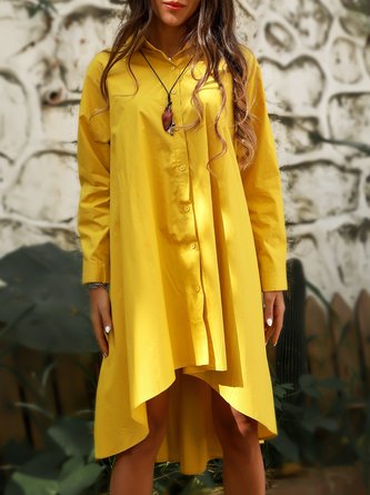 Yellow Shift Vintage Cotton Shirt Collar Dresses