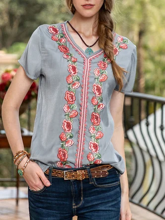 Women Soft Short Sleeve Pastoral Embroidery Plain Shirts & Tops