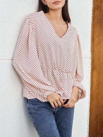 White Simple V Neck Polka Dots Bell Sleeve Shirts & Tops