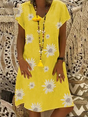 Women's Short sleeve sunflower print A-line dress