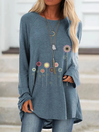 Casual Floral Crew Neck Long Sleeve Shirts & Tops