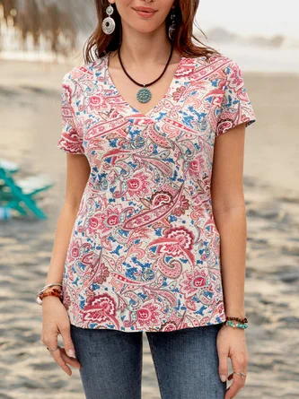Women Knitted Short Sleeve V Neck Printed Top