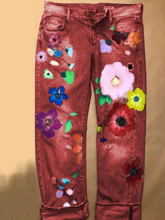 Denim Floral Casual Summer Mid-Weight Jeans Jeans
