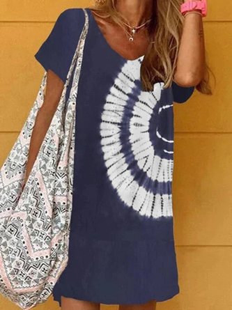 Navy Blue Tie-dye Holiday Daily Printed V neck A-Line Casual Short Sleeve Dresses