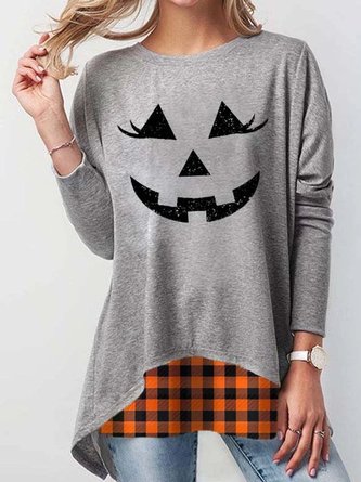 Gray Casual Crew Neck Cotton Halloween Shirt & Top
