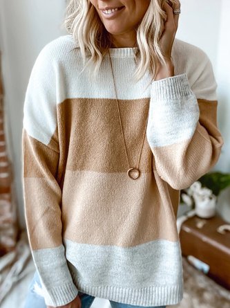 Khaki Casual Color-Block Cotton-Blend Round Neck Sweater